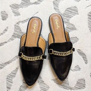 Black Leather Mules with Gold Chain by Qupid